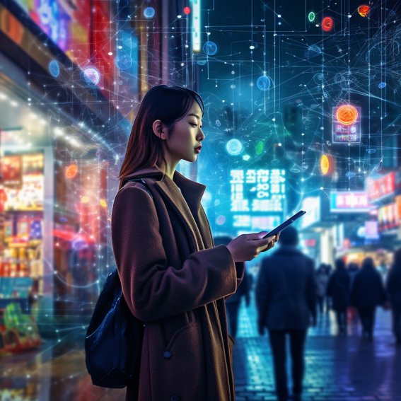 The korean girl image exhibits South Korea's tech innovations, like advanced 5G networks and state-of-the-art e-commerce systems, symbolizing the country's progressive attitude towards technology and business.