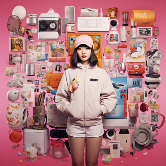 The image features the Korean Girl and user-friendly interfaces of South Korean e-commerce platforms, depicting a plethora of products behind. 