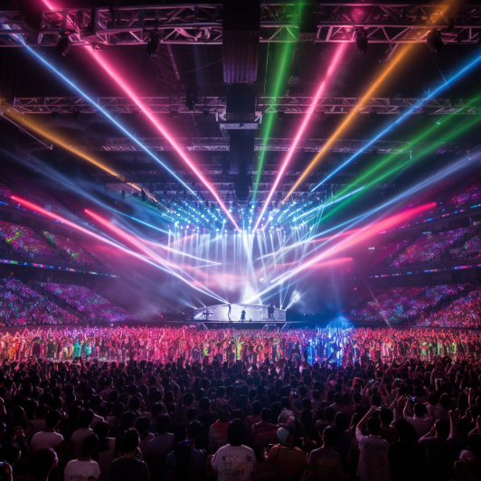 The image showcases the exuberance of a K-Pop concert, with multi-colored lights illuminating the stage where dynamic artists perform synchronized dance moves. The enthusiastic crowd of fans can be seen waving light sticks and singing along.