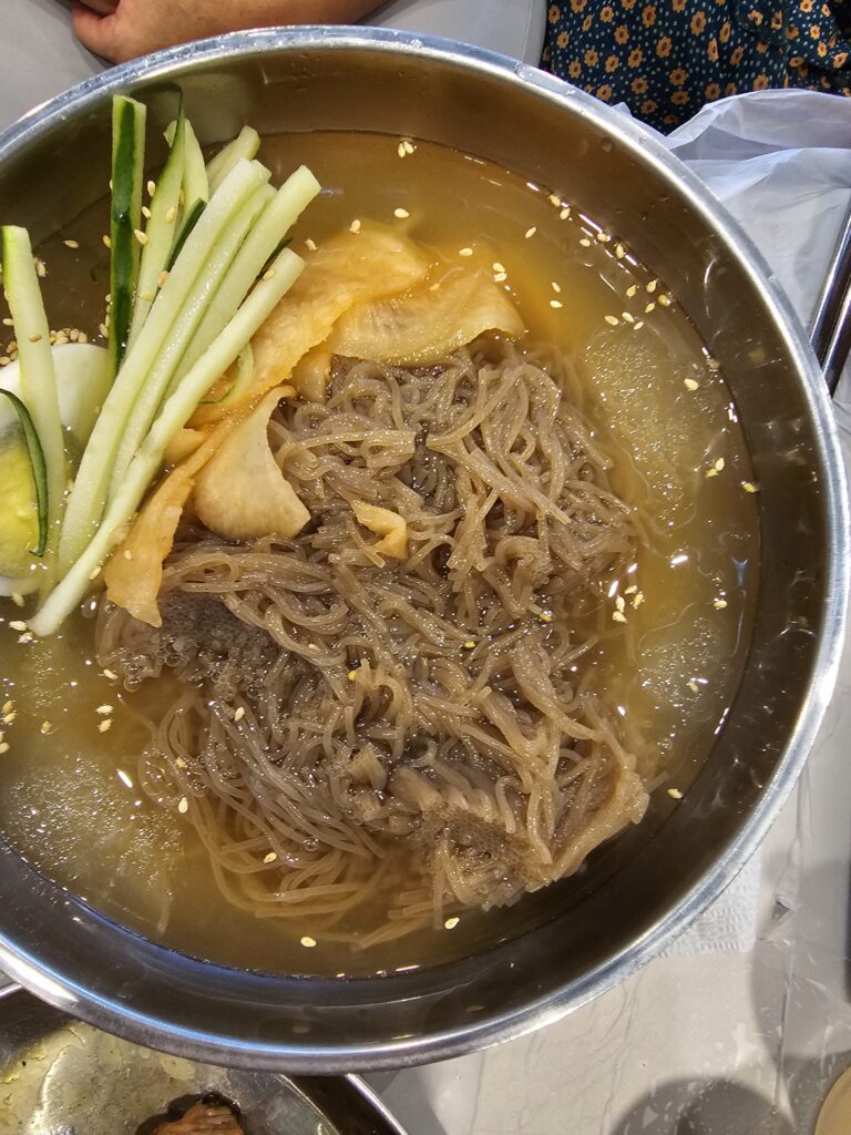 Korean style cold noodle named naeng_myun after Pork belly samgyeopsal for Pork dining
